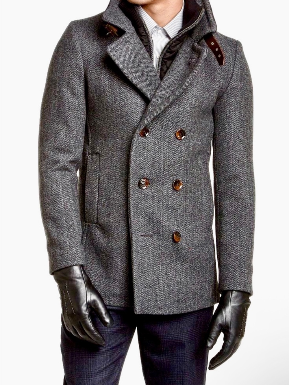 Ted Baker London Gray Herringbone Double-Breasted Peacoat